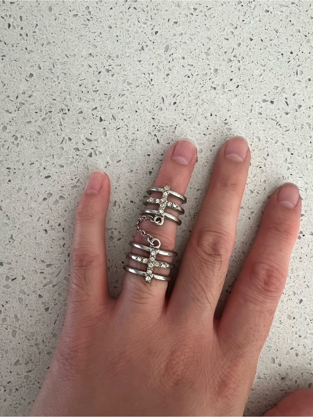Silver Multi-Band Link Chain Ring with Clear Stones - Women Jewelry